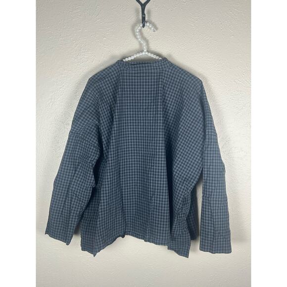 Eskandar Size 0 Top Button Down Oversized Lagenlook Gray Gingham Cotton Shirt - Picture 9 of 12